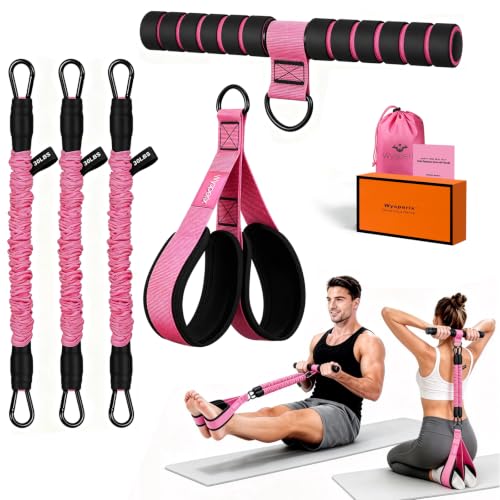 Multifunction Foot Pedal Resistance Band with Handle, 3-Tube Adjustable Elastic Yoga Exercise Bands, Home Gym Workout Equipment for Women & Men to Tone Abs, Core, Chest, Arm, Leg, Waist - color: Pink