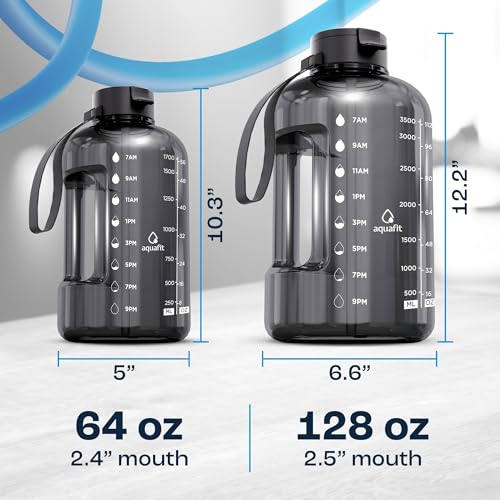 AQUAFIT 1 Gallon Water Bottle with Time Marker | BPA Free 128 oz Water Bottle with Straw and Chug Lids - Leakproof Gym Water Bottle with Carry Handle (Gray) - color: Gray, style: 128 oz - 2 Lids