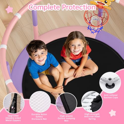 Full Wrap-Around Double Ring Legs 440lbsToddler Trampoline with Net,Trampoline for Kids - color: Pink, size: 55''