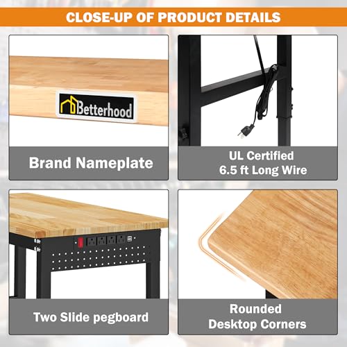 Betterhood 48" Adjustable Workbench on Wheels, Rubber Wood Heavy Duty Workstation with Power Outlets&2 Pegboards, 2000 Load Capacity Hardwood Worktable for Workshop, Garage, Office, Home, Commercial - size: Metal Wheels/Pegboard/2Power Outlets /48"x24"x39