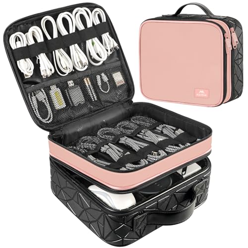 MATEIN Cord Organizer Box with Adjustable Divider, DJ Gear Bag | DJ Cable File Bag, Cord Bags, Music Equipment Accessories, Sound Instrument Storage, Double Layer, Shockproof, Portable, Pink - color: Pink, size: Medium