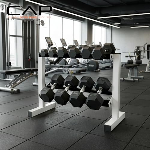 CAP 150 LB Dumbbell Set with 2-Tier Rack, Rubber Hex Free Weights Set, Home Gym Weight Set with Horizontal Storage Rack for Strength Training - color: White, style: 150bs Set - Black Handles