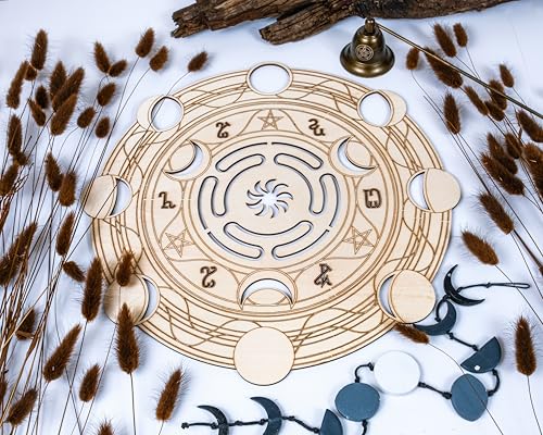 Fourth Level MFG 12" Hecate's Wheel, Ancient Greek Wood Wall Art, Moon Goddess Symbol, Wiccan Home Decoration for Yoga and Meditation, Good Spiritual Energy Altar Decor, Chakra Crystal Grid