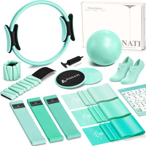 NANATI Pilates Kit, Home Pilates Workout Kit for Women, Pilates Equipment with 14.5" Pilates Ring and Ball, Resistance Bands, Ankle Weights, Sliders & Grip Socks for Home Workouts - color: Subtle Mint