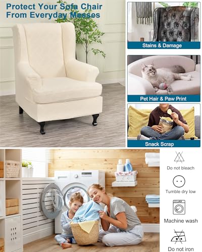 CRFATOP 2 Piece Stretch Wingback Chair Cover Jacquard Wing Chair Slipcovers Spandex Fabric Wingback Armchair Covers with Elastic Bottom for Living Room Bedroom Wingback Chair,Beige - color: Color C27-beige