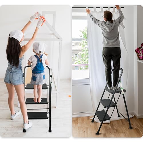 Arbusb Step Ladder, Folding Step Stool with Wide Anti-Slip Pedals, Sturdy Steel Ladder with Handrail, Space-Saving, Portable for Home & Adults, 3 Step Ladder - size: 3-step