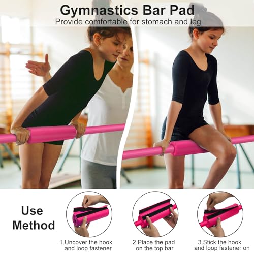 Tepemccu Gymnastics Bars, Adjustable Gymnastic Horizontal Bars for Kids | 5-Height Adjustable 34.8"-50.8", Foldable for Home Training, Include Children Gymnastics Rings and Bar Pad, Indoor Outdoor - color: Pink with mat