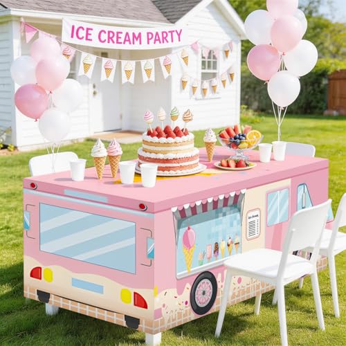 6FT Ice Cream Truck Tablecloth, Pastel Dessert and Sweet Treat Print Washable Reusable Fabric Table Cover for Kids’ Birthday Table Decor, Summer Party Supplies, and Ice Cream Bar Decorations - color: Ice Cream