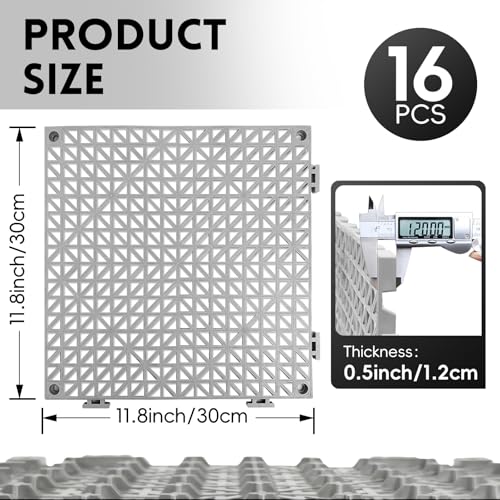 RITOLLO Modular Interlocking Cushion Drainage Floor Tiles, 16-Pack 11.8"x11.8" PVC Raised Non-Slip Interlocking Mats with Drain Holes for Deck, Pool, Garage, Shower, Patio, Bathroom, Sauna, Yard -Gray - color: Grey, size: 16-Pack