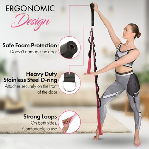 10-Loop Yoga Strap with Door Anchor – Stretch Strap for Flexibility, Deep Stretching, and Improved Balance – Perfect Yoga Accessory for All Fitness Levels - color: Pink
