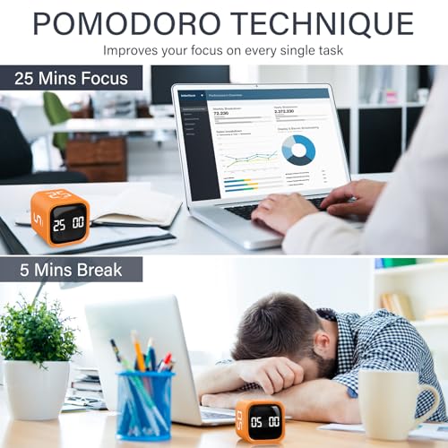 Rotating Pomodoro Timer 5, 25, 10 50 Minutes Preset, Desk Productivity Flip Timer, ADHD Tool Cube Countdown Stopwatch, Vibration/High/Low Volume/Custom Modes, for Work, Study, Back to School, Orange - color: Orange