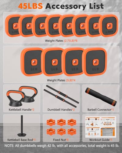 Rendpas 4-in-1 Adjustable Dumbbell Set with Foldable Weight Bench, Convert to Barbell Kettlebell Push-Up Stand, 800LBS Bench 10 Angles Incline Decline Flat, Home Gym Weight Set - color: Orange, size: 45LB Dummbell Set & Adjustable Bench