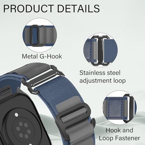 Alpine Loop Nylon Band - Compatible with Apple Watch Ultra 2/Ultra Bands 49mm 45mm 44mm for Men Women, Adjustable with Metal C Hook Strap for iWatch Ultra 2 iWatch Ultra Series 10 46mm SE/9/8/7/6/5 - color: Alpine/New Blue Black
