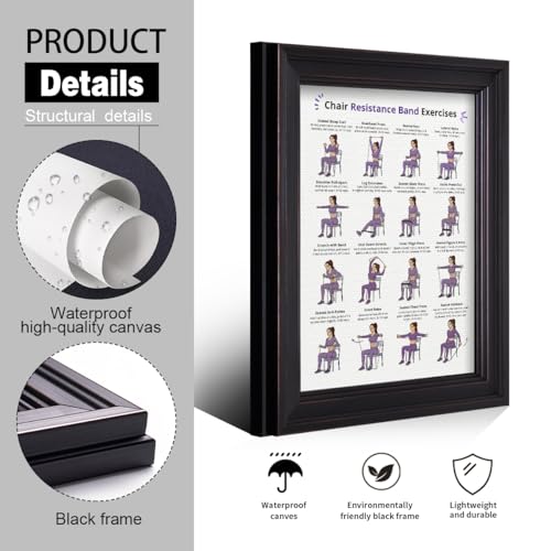Resistance Band Workout Poster, Chair Resistance Band Exercises Charts for Women, Home Workout Canvas Wall Art, Core Strength Training and Fitness Guide Gym Wall Decor 12x16in Framed - color: Chair Exercises, size: 16"L x 12"W