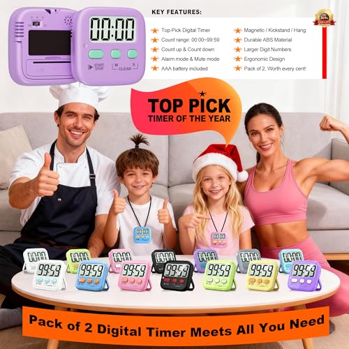 Antonki 2 Pack Digital Timer for Kids, Magnetic Countdown Kitchen Timers for Cooking, Egg, Classroom, Teacher, Exercise, Study, Oven - Battery Included - color: Fresh Purple