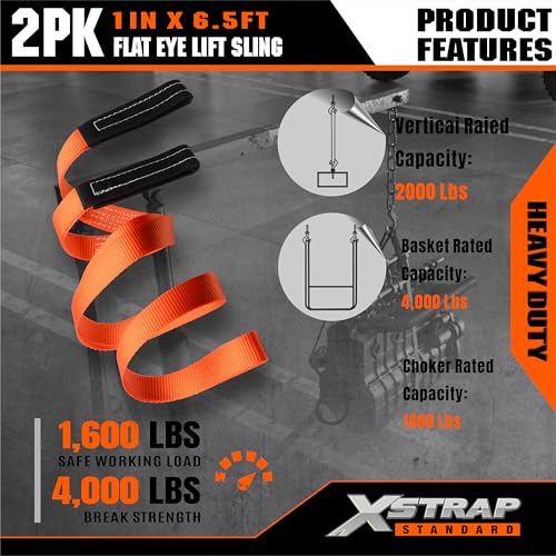 XSTRAP STANDARD 4PK 1"x6.5ft Lifting Sling Straps 2000 lb Vertical Capacity | 1600 lbs Choker / 4000 lbs Basket Capacity, 5:1 Safety Factor Polyester Web Slings for Rigging, Hoist, Tree Stump Removal - style: 2PK 1''x6.5ft
