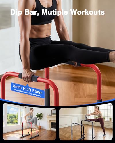 2-in-1 Dip Bar Station - Dip Bars & Push Up Bars Calisthenics Equipment with 420LB Bolt Washer Stable Design Dual Inner Connectors Portable Adjustable for Home Gym Strength Training - color: Red