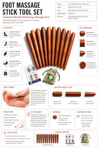 Lungcha Thai Traditional Wooden for Foot Massage Stick Tool Reflexology (Set 10 Foot Massage)