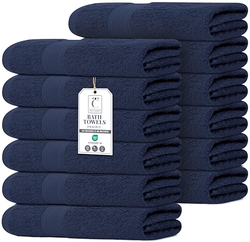 Commercial Bulk Pack of 12 Bath Towels – 100% Cotton Terry 24" x 48" – Ideal for Hotels, Salons, Gyms, Spas & Institutional Use – Navy Blue - color: Navy, size: 24"x48" - PK 12