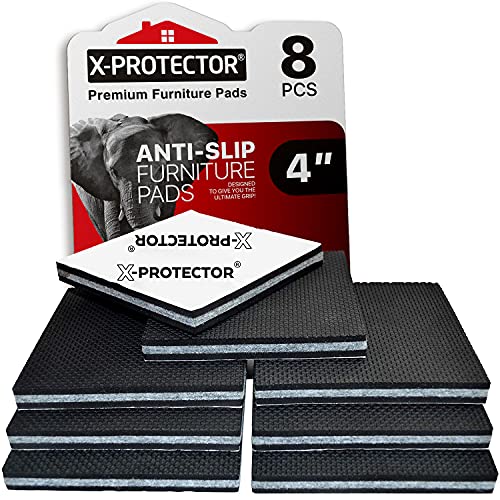 Non Slip Furniture Pads X-PROTECTOR - 8 PCS 4" - Premium Furniture Grippers | Rubber Feet Hardwood Floor Protectors for Furniture Legs - Couch Stoppers - Keep Your Furniture in Place Forever! - size: 4 inch 8 Square