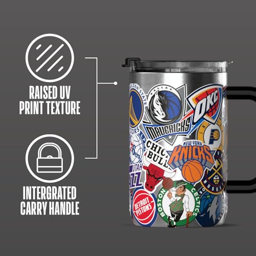 Hydrapeak NBA Officially Licensed All-Team Sticker Print 18oz Insulated Coffee & Tea Mug with Flip Sip Lid & Handle, Stainless Steel Travel Mug for Hot & Cold Drinks - color: NBA Current, size: 18 Ounces
