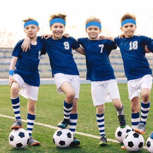 Bememo 36 Pcs Neon Sweatbands Set Soccer Party Favors Cotton Headbands Wristband Sweat Bands Soccer Mom Essentials for Football Fans Sporting Events 80 90s Glow Party - color: Blue, size: Small