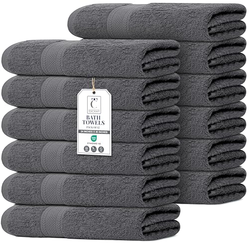 Commercial Bulk Pack of 12 Bath Towels – 100% Cotton Terry 24" x 48" – Ideal for Hotels, Salons, Gyms, Spas & Institutional Use – Charcoal Grey - color: Charcoal Grey, size: 24"x48" - PK 12