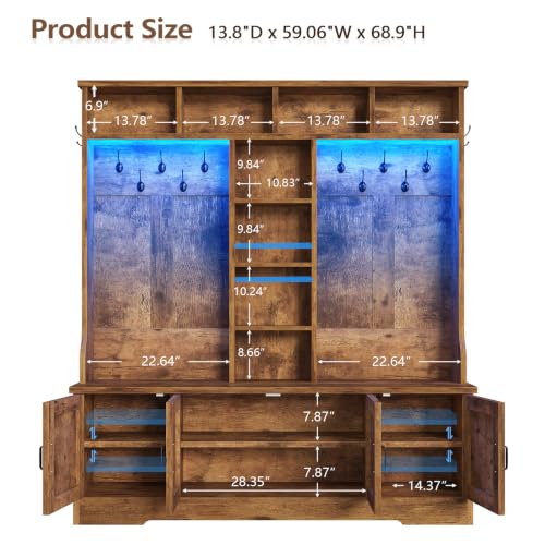 CSZZD Hall Tree with Bench and Shoe Storage, Farmhouse Entryway Bench with Coat Racks and Led Lights, Large Hall Tree with 12 Coat Hooks, 8 Storage Cubbies, Adjustable Shelf - color: Rustic Brown, size: 59.1"
