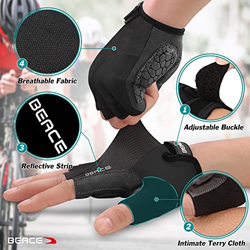BEACE Gloves for Cycling Bike Biking Half Finger Road Bicycle for Men and Women-5MM Breathable Anti-Slip Shock-Absorbing Pad Gym Motorcycle Light Weight Mountain Bike Gloves - color: Black, size: Large