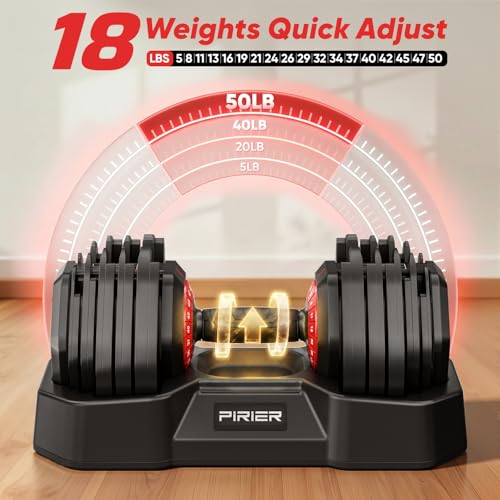 PIRIER Adjustable Dumbbell Set 25/50LB Dumbbells Weight, 10-in-1/18-in-1 Weight Dumbbell with Anti-Slip Metal Handle and Bicep Supports for Comprehensive Full Body Strength Training - color: Black-50LB(Pair)