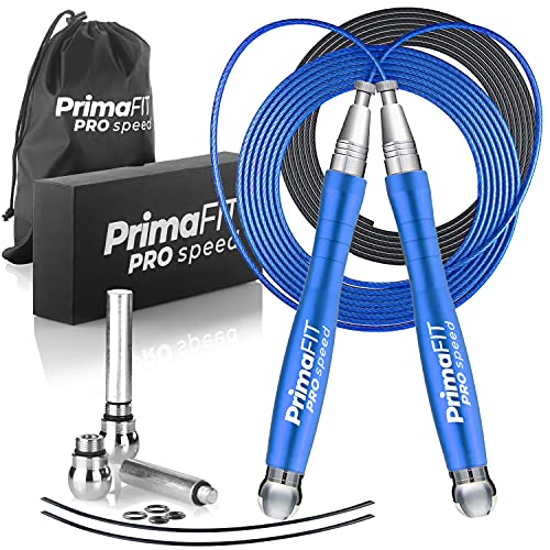 PrimaFIT Pro Speed Jump Rope for Adults, Weighted Skipping Rope for Boxing | Adjustable Jumping Rope for Fitness Workout & CrossFit Exercise, Double Unders, Handle Weights, 3m Cables 2 Protectors, Bag - color: Blue
