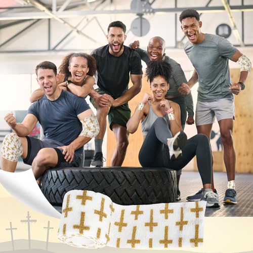 Geiserailie 12 Pack Christian Athletic Tapes 2 Inch x 5 Yards Self Adhesive Bandages Sports Wraps Breathable Elastic Wrap Non Woven Bandage for Wrist, Ankle, Baseball Football (White and Gold) - color: White and Gold
