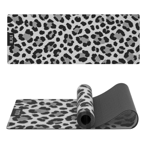ILILI Yoga Mat Leopard Print Yoga Mat 8mm, Suede & TPE Thick Exercise Mat, Workout Mat for Women Men, 72''x25'' Fitness Mat with Strap for Home Gym, Yoga, Pilates, Stretching - color: Grey
