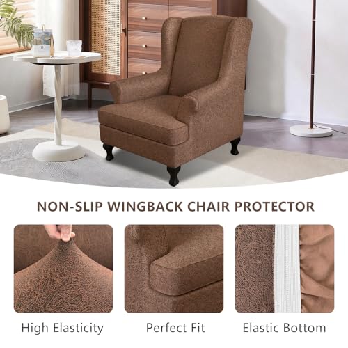 ANARACHON Leather Look Wingback Chair Covers, 2-Piece Wing Chair slipcover,Stretch Wing Back Armchair Slipcovers with Elastic Bottom, Soft Spandex Furniture Protector for Living Room (05 Brown) - color: Brown #5
