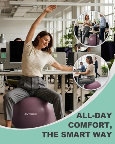Trideer Yoga Ball Chair with Base for Office Desk, Exercise & Stability Ball Seat, Pilates Ball for Core Training, Pregnancy Ball, Back Pain Relief & Active Sitting - color: Purple, size: L(23-26inches/58-65cm)