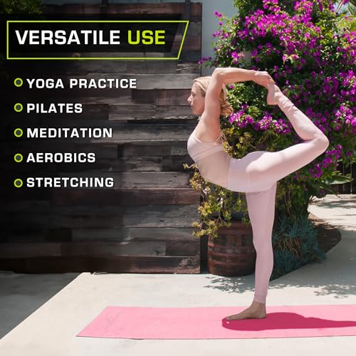 ProsourceFit Original Yoga Exercise Mat 1/4” (6mm) Thick for Comfort and Stability with Carrying Straps, Non Slip –Multiple Colors - color: Pink