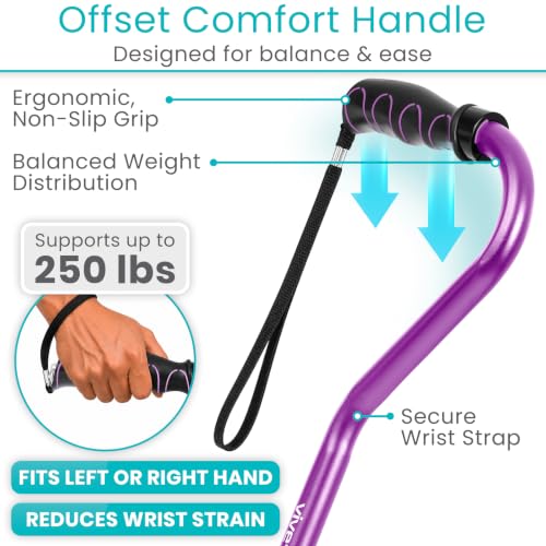 Vive Walking Cane for Women, Men, Elderly - Patented Offset Grip - Lightweight Adjustable Walking Aid with a Non-Slip Tip - Sturdy Balancing Mobility Aid for Seniors - color: Purple