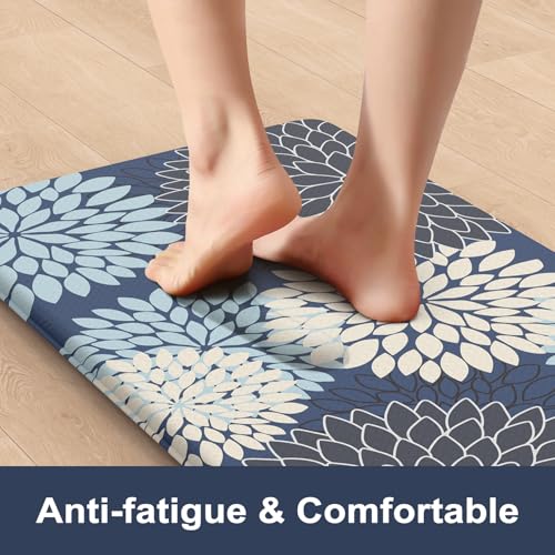 KIMODE Anti Fatigue Kitchen Mat 17.3"x29", Padded Dahlia Kitchen Floor Mats Non Slip, Waterproof Kitchen Mat for Floor, Farmhouse Comfort Standing Mat for Laundry, Office, Sink, Desk Mutil-Blue - color: Multi-blue, size: 29"L x 17.3"W x 0.5"Th