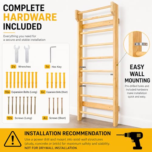 Swedish Ladder Wall Mounted Pull Up Bar - Hardwood Stall Bars - Swedish Wall Ladder & Wooden Pull Up Bar, Swedish Ladder Wall Gym Adult - Natural