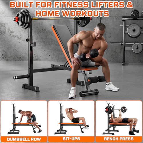 Adjustable Weight Bench with Squat Rack, 770lbs Heavy Duty Olympic Bench Press for Home Gym, Multi-Function Flat Incline Workout Bench Family Strength Training with Removable Foot Catch