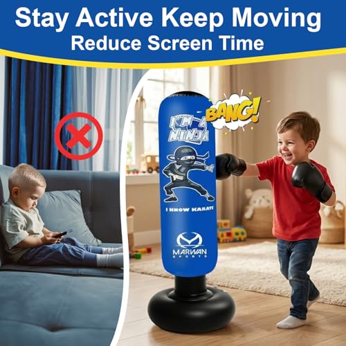 Marwan Sports Ninja Kids Punching Bag — Inflatable Sensory Toy & Birthday Gift for Boys & Girls Ages 4-12, 63" Freestanding 5-in-1 Kit, Indoor Apartment-Quiet Sensory-Friendly Active Play - color: Blue