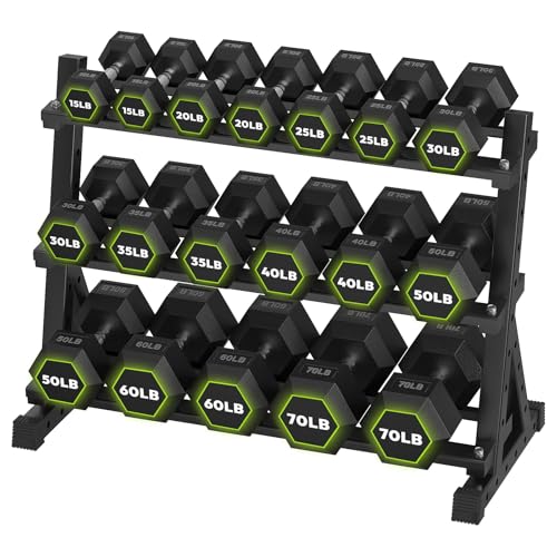 HANDBODE Rubber Coated Hex Dumbbell Set with Rack, 300-840 lb | Fixed Weights Sets with Heavy Duty Storage Stand, Multiple Weight Options Home Gym Equipment for Strength Training - style: 690 lb Set (15-70 lb) with Rack
