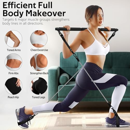Pilates Bar Kit with 6 Latex Resistance Bands, Adjustable Exercise Bar - color: Black Pro