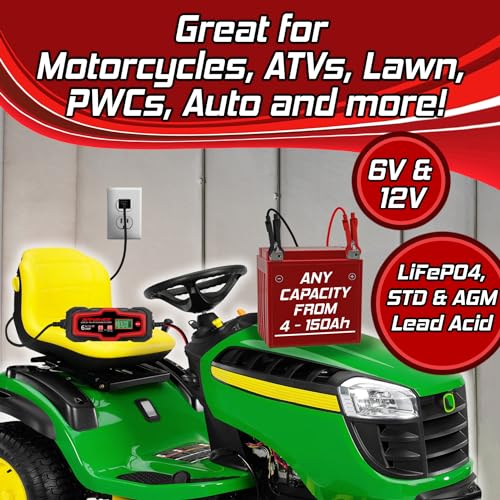 Smart Battery Charger, Maintainer, and Desulfator 6 Amp 6V/12V - for Cars, Trucks, SUVs, RVs- Standard & Absorbed Glass Mat Lead Acid (Wet, STD, AGM) & LiFePO4 Batteries- LCD Display, SAE Connectors