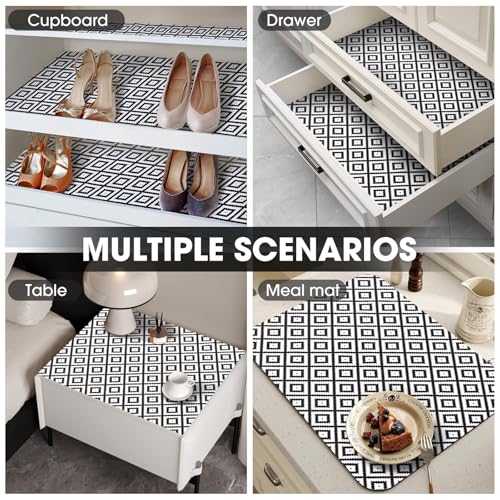Drawer and Shelf Liner, Non-Slip Kitchen Cabinet Liners Non-Adhesive Thick Strong Grip Waterproof Washable Mats Protect Dresser Shelves Cupboard Bathroom Cabinets, Black & White, 12 in X 10 FT - color: Black and White, size: 11.8"W x 118"L