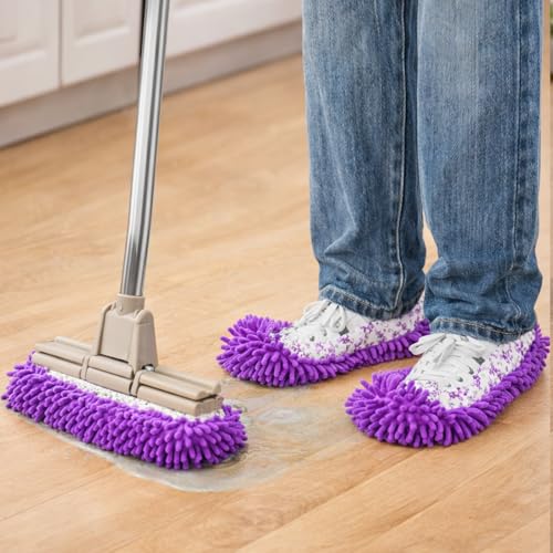 1 Pair Floor Cleaning Mop Slippers Set, Slip On Mopping Accessories for Indoor Household Floor Care and Daily Cleaning Tasks(Purple) - color: Purple