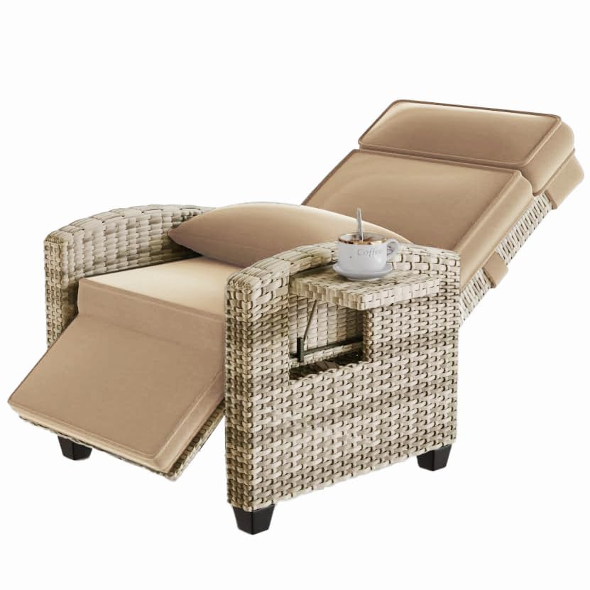GarveeLife Outdoor Recliner Chair, PE Wicker Lounge Chair with Adjustable 145° Lay-Flat Backrest, Independent Footrest & Side Table, Plush Cushion for Patio, Poolside, Backyard in Brown - color: Brown Rattan + Khaki Cushion
