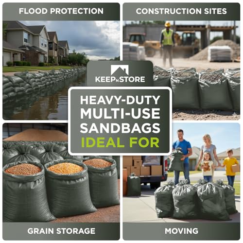 Heavy Duty Sand Bags Pack of 12, Army Green Empty Sandbags with Built-In Ties, Woven Polypropylene UV Protection 1600 Hours, Fillable Bags for Flood Control, Weight, 18x30 inches, 75 Pounds Volume - size: 18"W x 30"L, style: Pack of 12