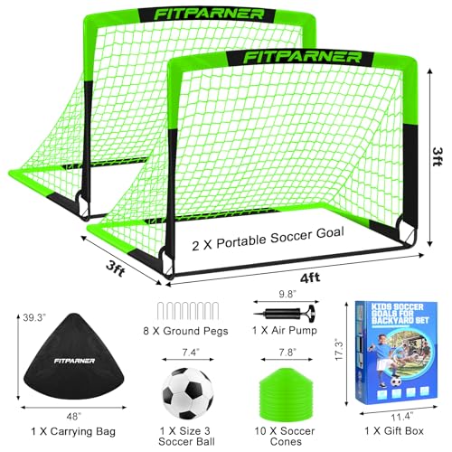 Kids Soccer Goals for Backyard Set - 2 Pack of Portable Pop Up Soccer Nets with Ball,Cones,Complete Training Equipment Kit for Toddler,Youth,Kids Age 3-14,Outdoor Sports Game - color: Green Black, style: 4x3FT