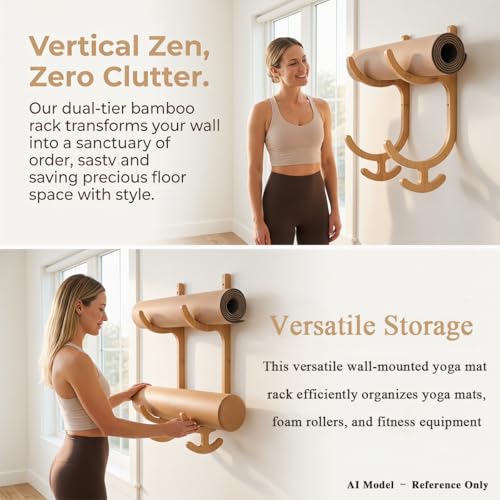 Wooden Yoga Mat Holder Wall Mount with 4 Hooks | Yoga Mat Storage Rack for Home Gym, Resistance Band and Jump Rope Organizer for Foam Roller, Fitness Equipment Storage